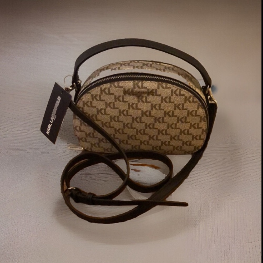 Karl Lagerfeld Signature KL Print Crossbody Top Handle Bag Tan Black $178 MSRP